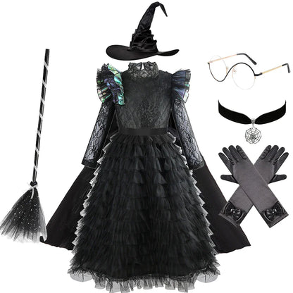 Halloween Witch Elphaba Costume Kids Purim Fantasy Outfits Girls Fancy Sets Children Long Sleeve Lace Ruffles Black Party Gown
