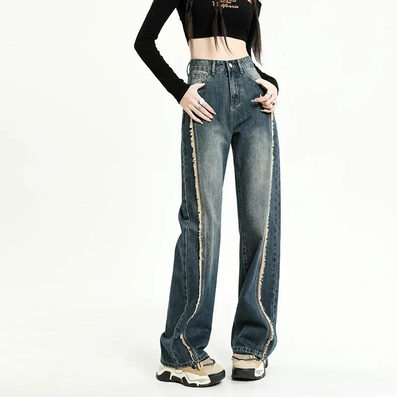 Cotton Wide-leg Women's Baggy Jeans High Waist Distressed