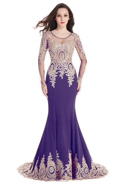 Prom Dresses Women Beading Long Sleeve Backless Elegant Lace Applique Formal Evening Party Gown For Bride Robe De Soirée