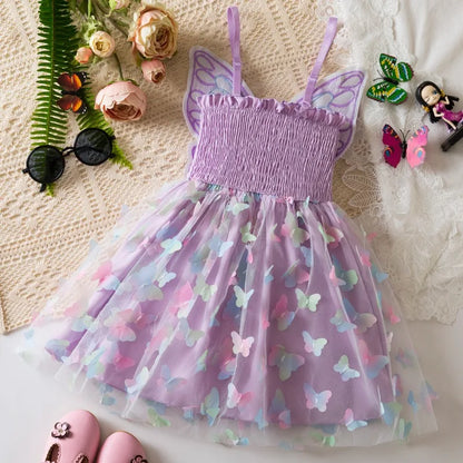 Girls Green Butterfly Dress Summer Children Colorful Mesh Dress Baby Sling Wings Princess Dress for Birthday 2-6T