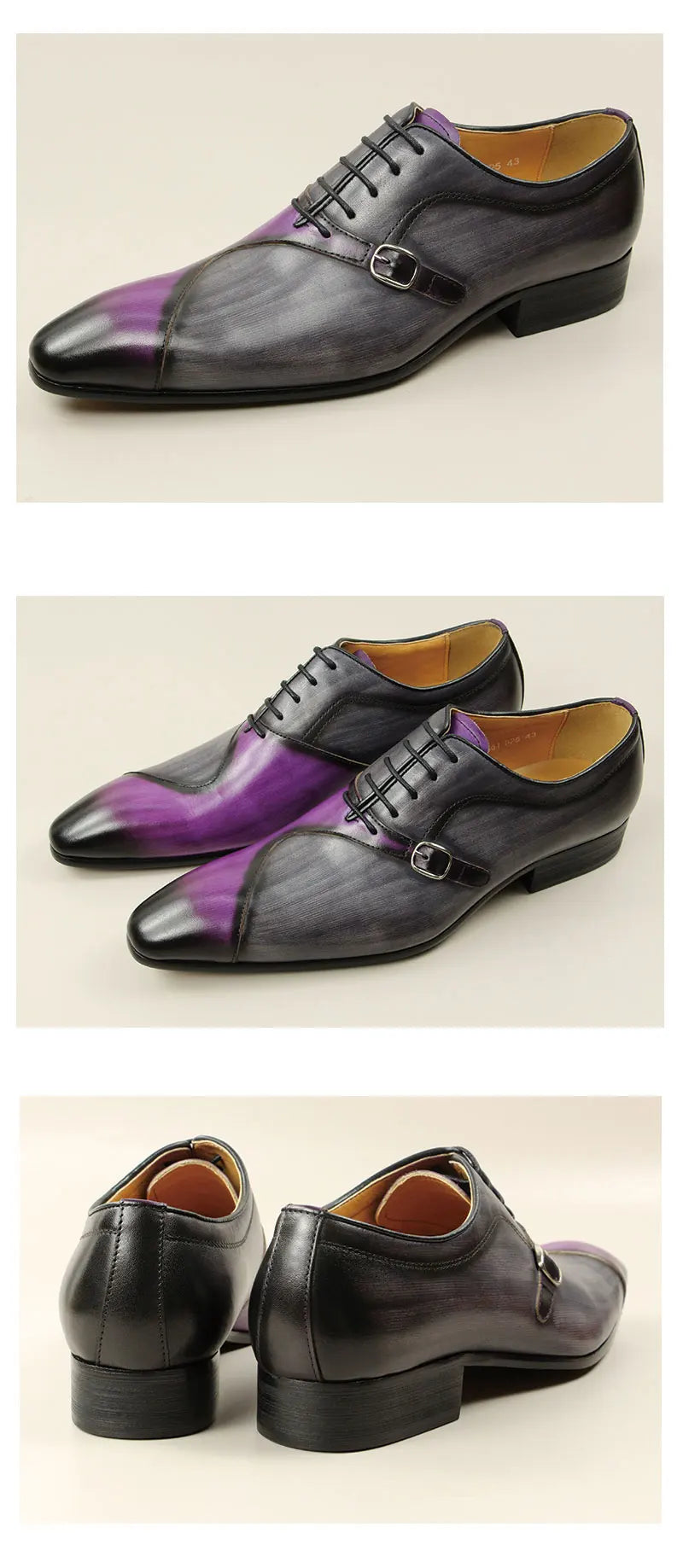 Men Leather Shoes High Quality Oxford Lace Up Side Metal Buckle Gray Purple Color Matching Handmade Business Office Formal Shoes
