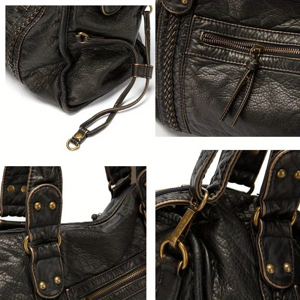 Soft leather retro bag shoulder messenger bag large capacity tote bag Y2K motorcycle bag