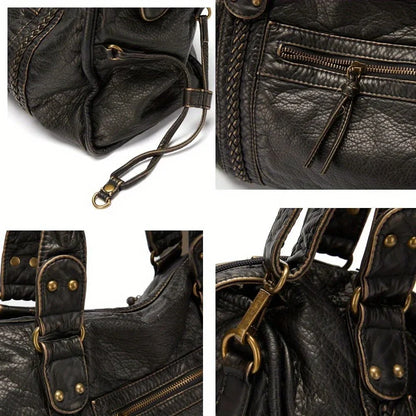 Soft leather retro bag shoulder messenger bag large capacity tote bag Y2K motorcycle bag