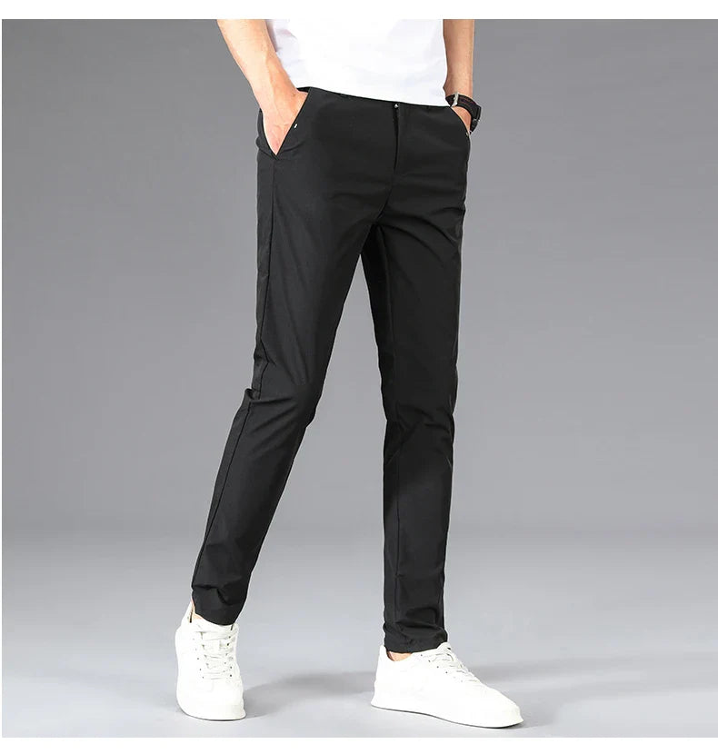 Business Thin Men's Breathable Pants Slim Straight High Elastic Slim Casual Pants Male Brand Clothing Khaki Gray Green Black