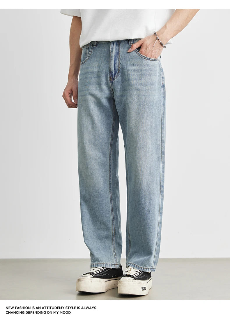 Men's Straight Jeans 2025 Summer New Thin Denim Trousers Casual Loose Outdoor Wide-leg Pants Fashion Nine-point Pants 28-36