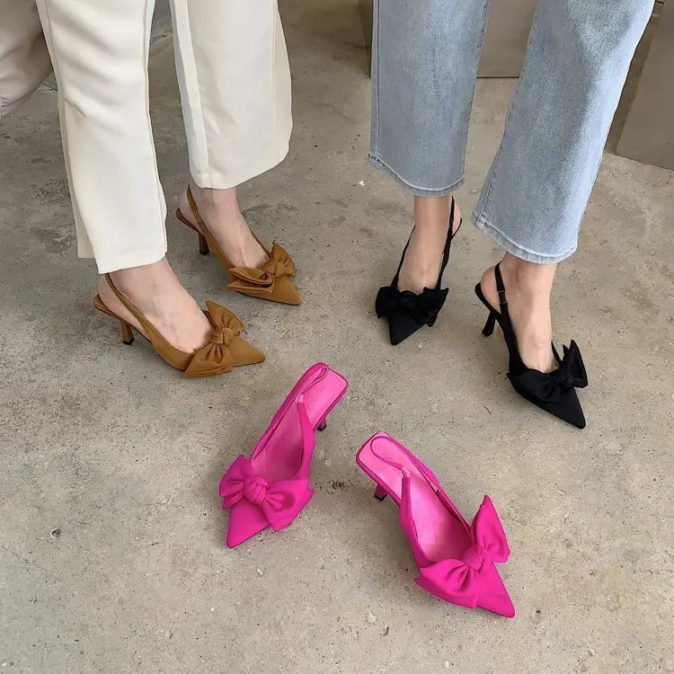 Women Shoes 2024 Spring New Butterfly Knot Women Slingbacks Heels Shoes Sexy Dress Thin Heel Pointed Toe Ladies High Heels Women