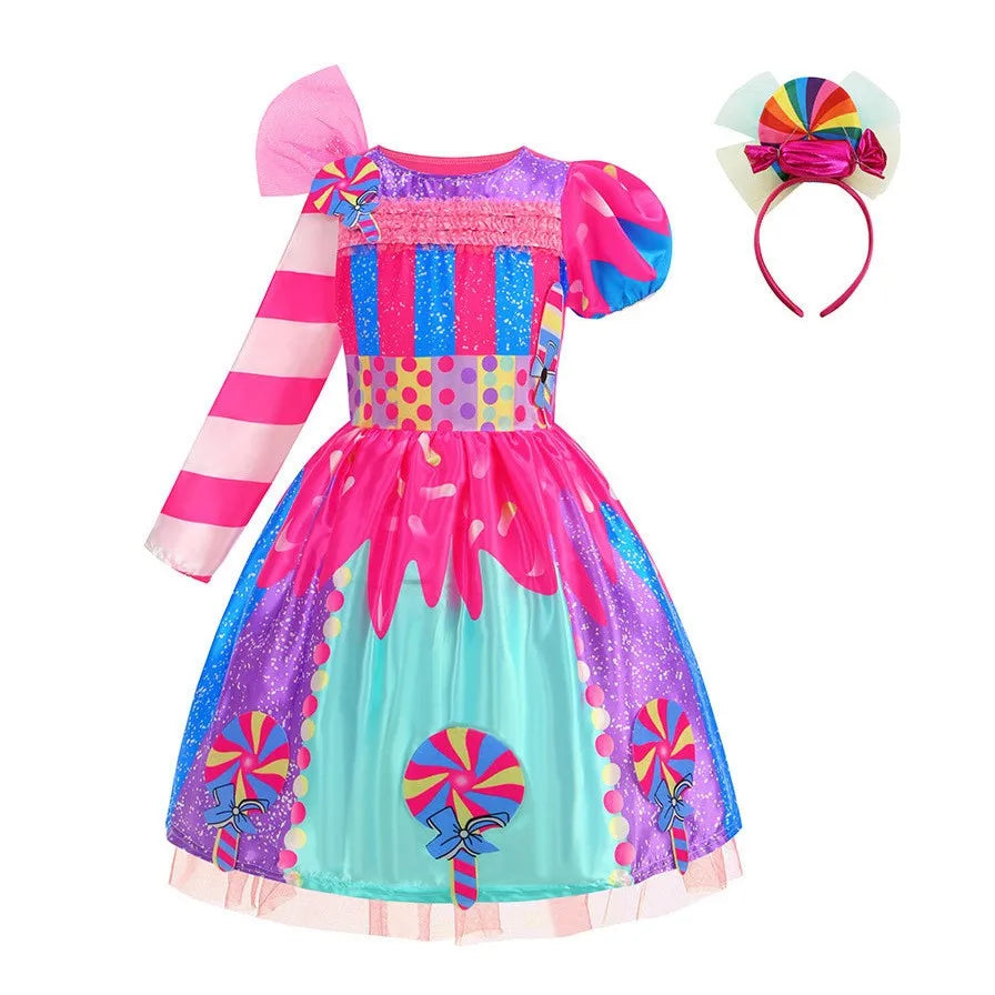 2026 New Candy Dress For Baby Girl Purim Carnival Birthday Costume Fancy Rainbow Short Sleeve Cute Dress + Accessories Set
