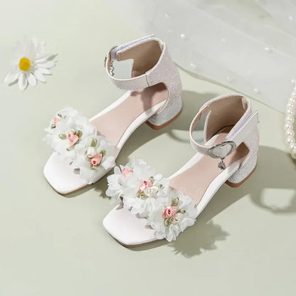 2026 Summer Kids Elegant Sandals New Sequins Girls Catwalk Shoes for Wedding Party Fashion Flower Children's Princess High Heels
