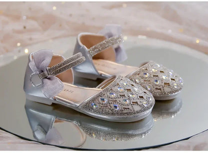 Girls Sandals Shiny Crystal Ins Trendy 2026 Summer New Kids Princess Shoes Mesh Lace Bows Girls Dance Shoes Elegant Hollowed-out