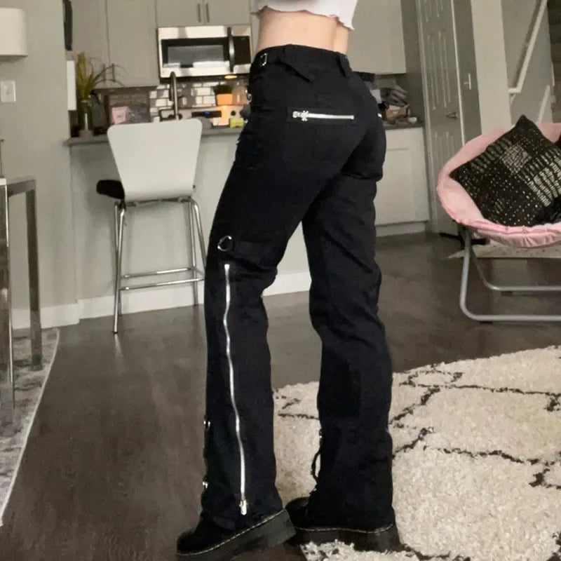 Women Low Waist Jeans Denim Straight Flare Pants Vintage Pockets Zipper Denims 2024 Autumn Streetwear Ankle Length Trousers