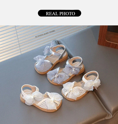 2025 Mesh Peep-toe Princess Shoes Girls Sandals with Tulle Butterfly-knot Summer Evening Wedding Party Bridesmaid Sandals I05292