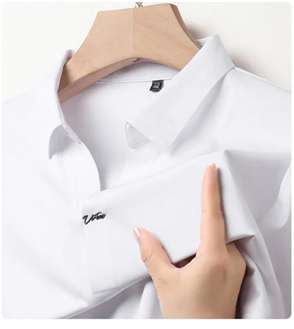 2024 High-quality Elastic Stretch POLO, Business Casual Men's Short-sleeved Shirt, Seamless V-neck M-4XL Men's Polo Shirt