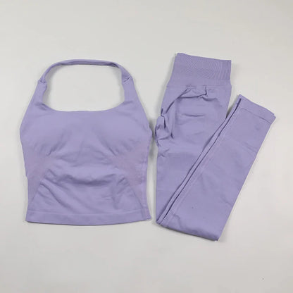 Seamless Gym Set Women Workout Clothes Low Waist Scrunch Yoga Leggings Sets Padded Halter Tank Top 2 Piece Sports Suits