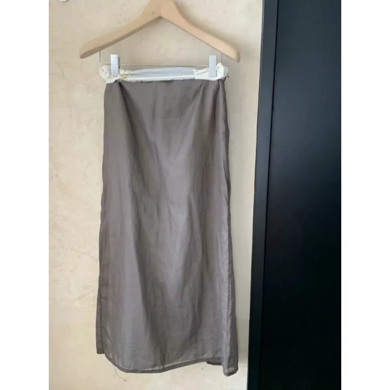 Quiet Luxury Cotton Lightweight Double-layer Rolled Waist Contrasting Slit Skirt