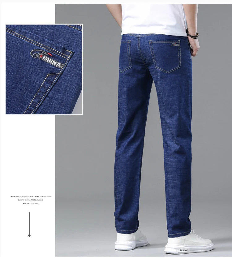 2025 Spring Summer Thin Classic Men's Business Jeans Stretch Trousers Casual Straight Denim Pants  Brand Male Clothing 28-40