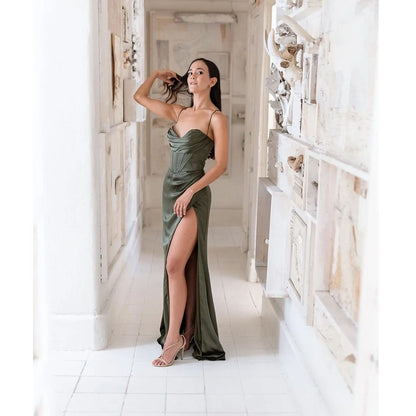 New Summer Prom Dress Women'S Sling Sleeveless Solid Color Dress One Word Neck Slim Fit Open Back Slit Red Sexy Dress
