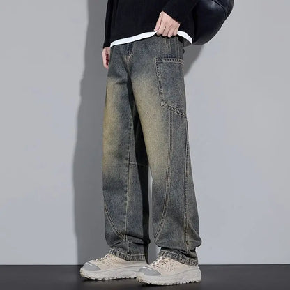 Calça Jeans Masculina de Outono e Inverno, Estilo Americano, com Bolsos Retos e Versátil, em Três Cores para Escolher