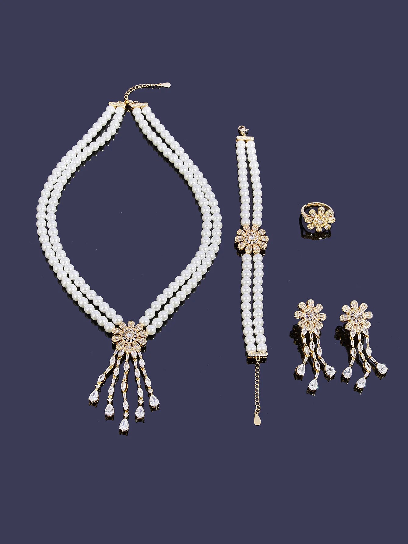Trendy Pearl Tassel Necklace 4PCS Jewelry Set For Women Wedding Party Full Zircon Dubai Bridal Jewelry Set Gift