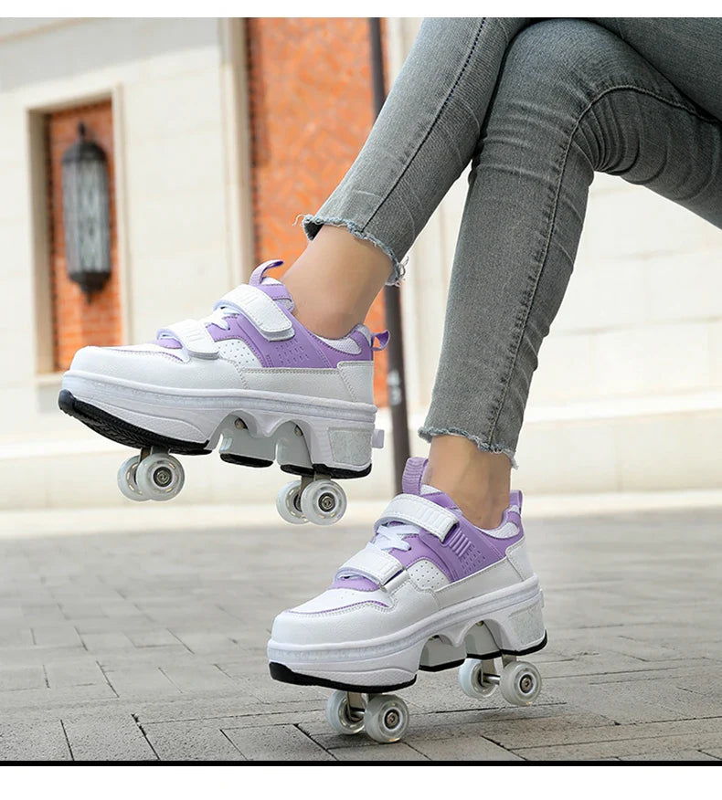 Children Wheels Shoes Roller Sneakers With 4 Wheels Skates Adult Runaway Parkour Deformation Shoes For Women Men Youth Kids Gift