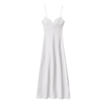 Women Red V-Neck Holiday Style Satin Texture Long Dress Sleeveless Summer Women's Back Zipper Fashion Sling Dresses