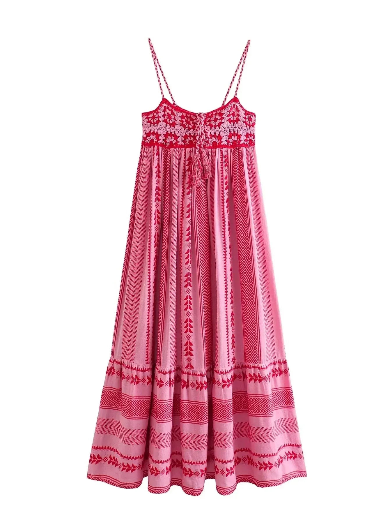 Women Bohemian Midi Dress Vacation Charm Splice Knitted Vintage Strap Dress Women Vestidos Mujer