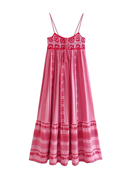 Women Bohemian Midi Dress Vacation Charm Splice Knitted Vintage Strap Dress Women Vestidos Mujer