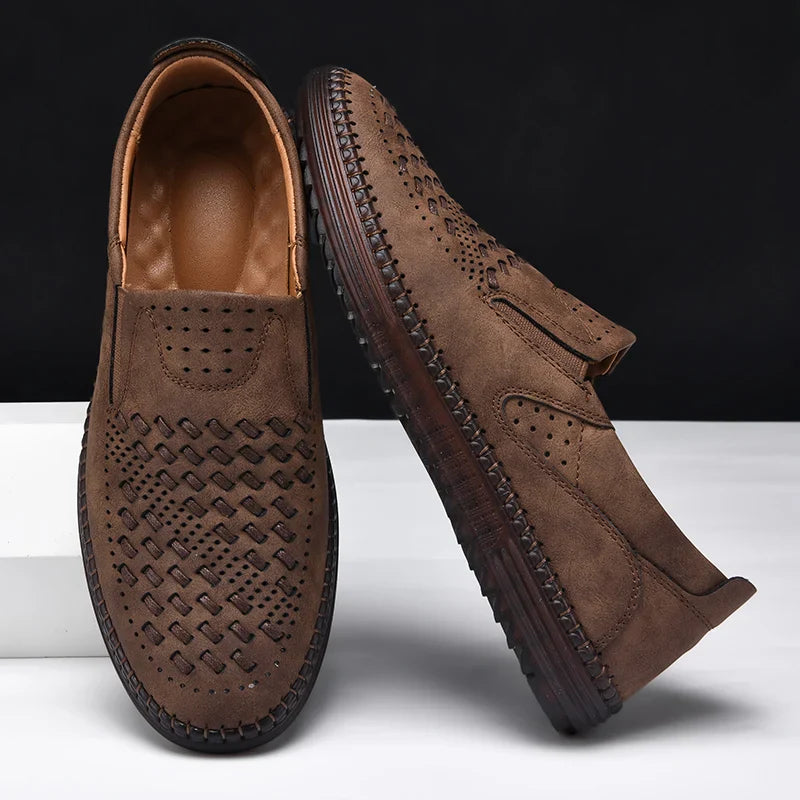 New 2024 Handmade Leather Men Shoes Design Fashion Sneakers Slip On Loafers Summer Mesh Breathable Casual Shoes Men Driving Flat