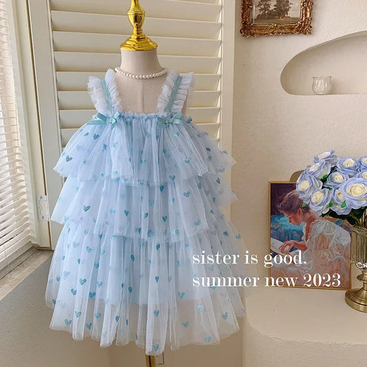New Summer Baby Girls Party Dress Sleeveless Spaghetti Strap Love Heart Layered Princess Dresses for 3-7Year Old Kids E2310