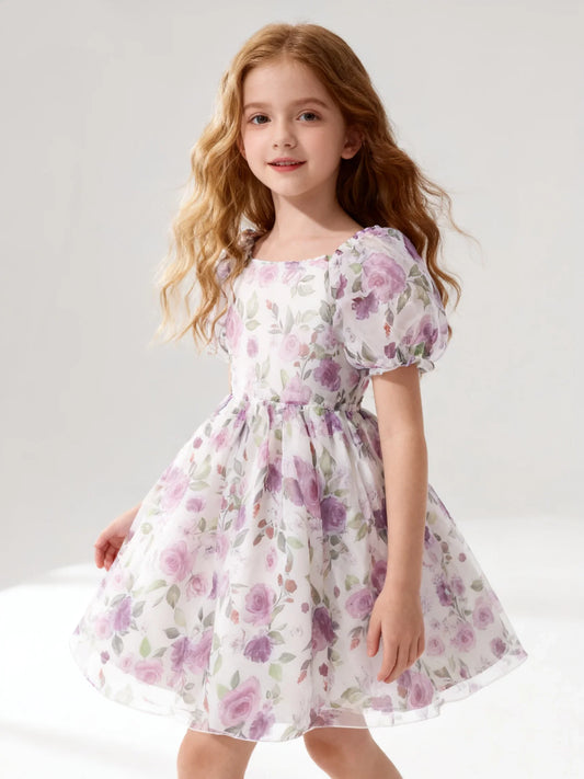 Summer Girl's Cute Square Neck Bubble Sleeve Flower Print Princess Dress Slimming And Ladylike Dress