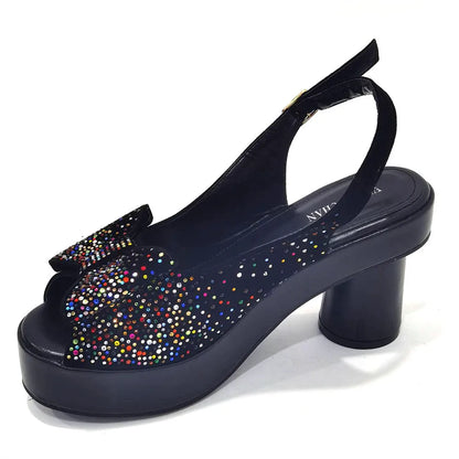 Silver Fashion Square Heels with Platform African Women Shoes and Bag Set Full Crystal Pumps for Wedding Party