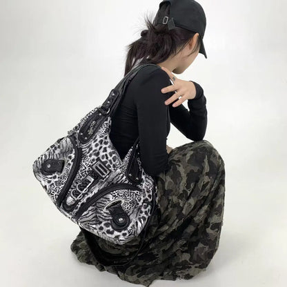 Y2K vintage hot girl personality leopard print shoulder bag with multiple compartments, Maillard crossbody handbag