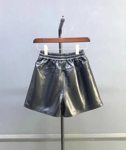 New Autumn Natural Sheepskin Elastic Waist Shorts Skirts A-Line Pocket Wide Leg Casual Above Knee Mini Genuine Leather Skirt 4XL