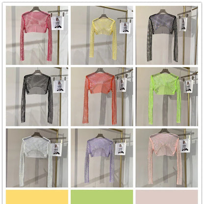 2023 new sexy bright diamond short top Slim thin Ms. hot drill long-sleeved T-shirt sexy leak waist nightclub