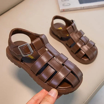 Children Hollow Out Shoes Boys Girls Roman Shoes British Style Non-slip Fashion Kids Toes Capped Shoes Peep Toe Solid Color