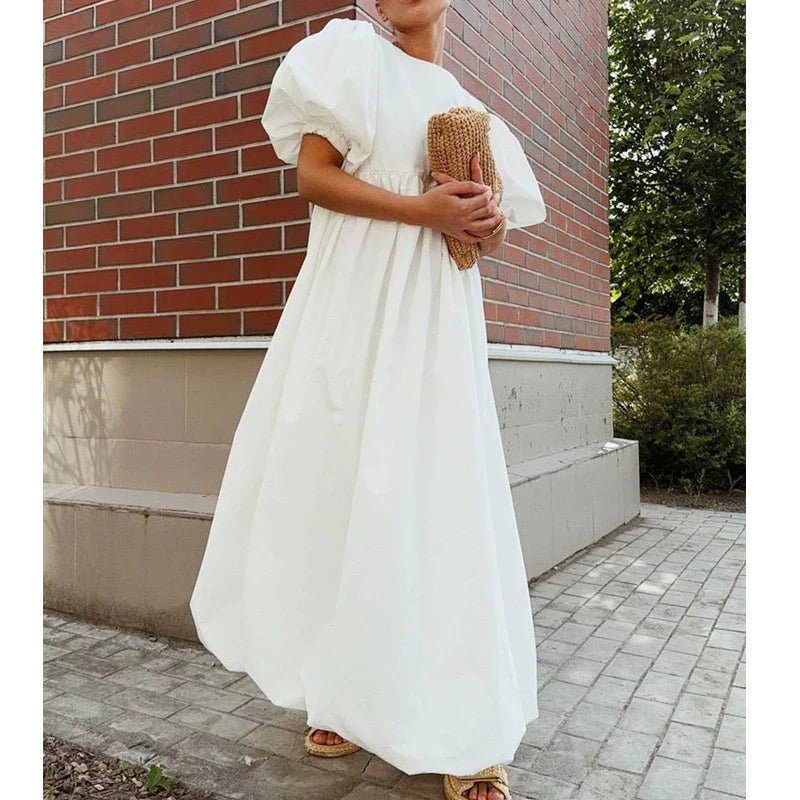 2026 Women Summer Puff Sleeve Bohemain White Long Dress High Waist Loose Style Cotton Boho Maxi Dress Vestidos Clothes