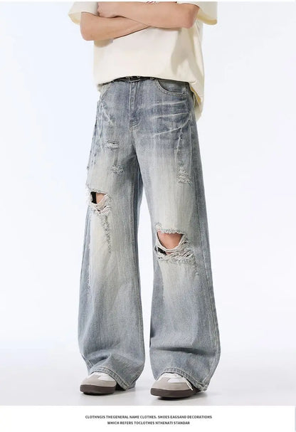 Male Ripped Pants Stretch Solid Blue Casual Men's Wide Leg Trousers Office Work Denim Pants Autumn Korean Vintage Straight Pants
