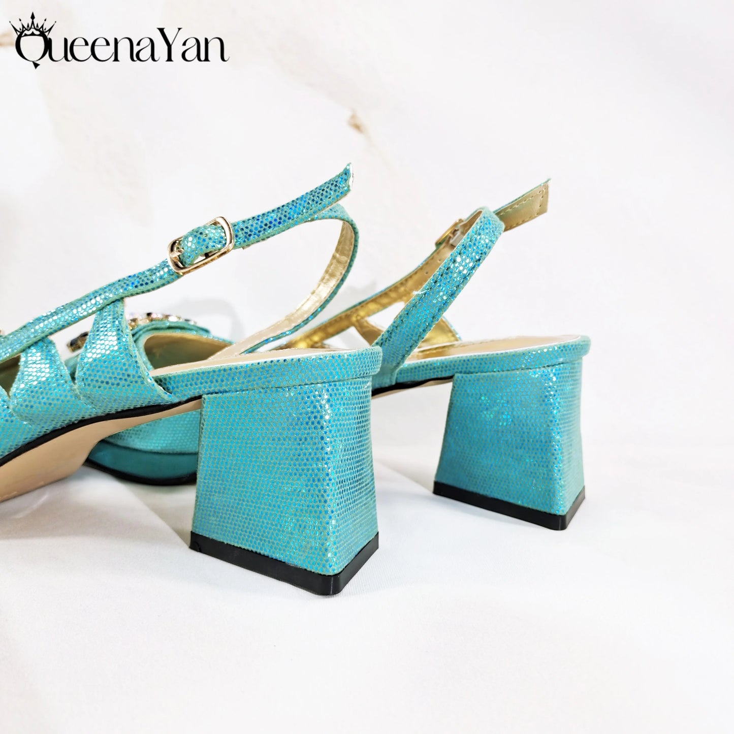 Special Synthetic Fabrics Design Teal Color Women's Matching Shoe and Bag Set  for Weddings and Parties