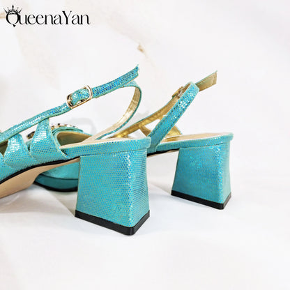 Special Synthetic Fabrics Design Teal Color Women's Matching Shoe and Bag Set  for Weddings and Parties