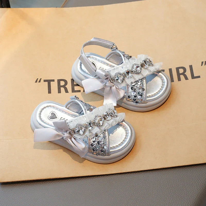 Kids Casual Shoes Fashion Sandals PU Leather Crystal Sequin Summer Shoes For Girls Breathable Silver Shoes Size 26-37