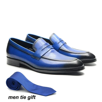 Luxury Brand Slip-On Men's Dress Shoes Genuine Leather Italian Penny Loafers Brown Blue Black Wedding Party Formal Footwear Male