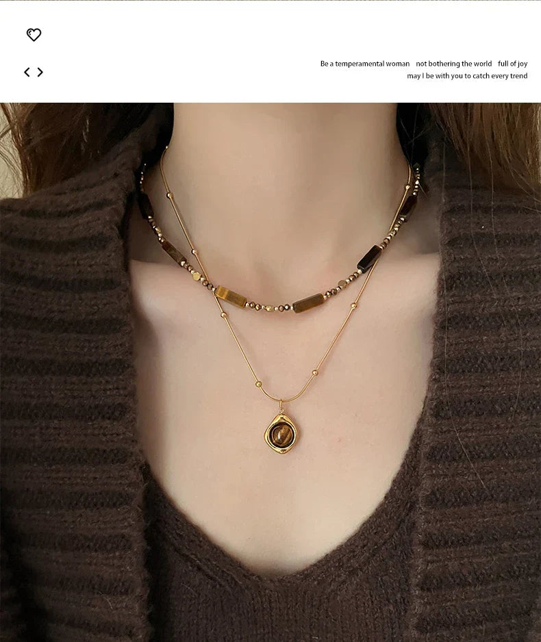 Retro Temperament Layered Tiger Eye Stone Pendant Necklace For Women Stainless steel Double-Layer Collarbone Chain Sets Jewelry