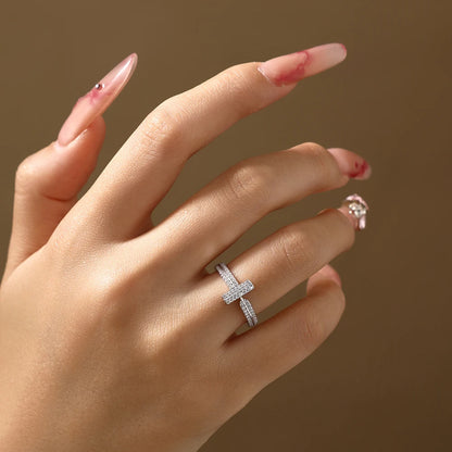 925 Sterling Silver Moissanite T-Bar Ring Double Band Paved Luxury Design Rings for Women Engagement Party Jewelry Gift