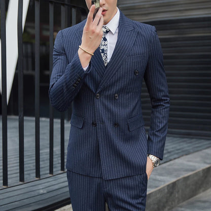 S-5XL ( Blazer + Pants ) Men's High-end Brand Formal Double Breasted Suit Gray 2 Piece Set Wedding Dress Plaid Suit Groom Party