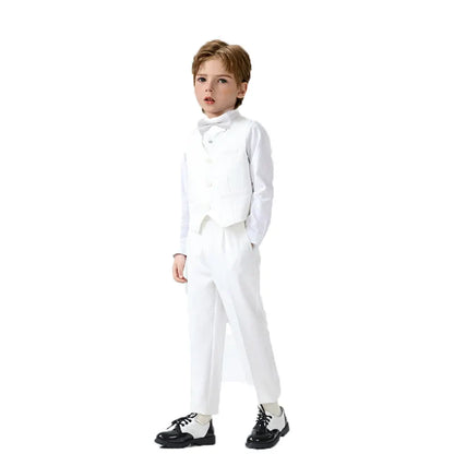 British Kids Summer White 3Pieces/Set Vest Pants Bowtie Photograph Suit Children Stage Performance Suit Boys Wedding Costume