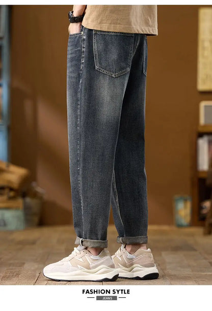 Jeans Denim Straight Pants Men Washed Distressed Mid Waist Pockets 2025 Streetwear Basics Ankle Length Trousers Vintage Denims