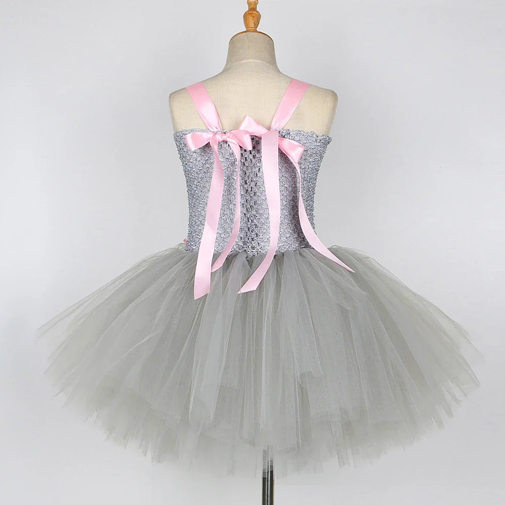 Pink Gray Mouse Tutu Dress for Baby Girls Grey Rat Costumes with Ears Bow Tie Tail Kids Animal Carnival Outfit Birthday Clothes