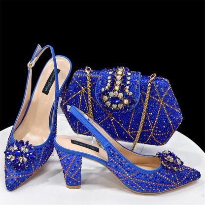 Pointed-Toe Rhinestone Pumps African Ladies Italian Shoe and Bag Set Designer