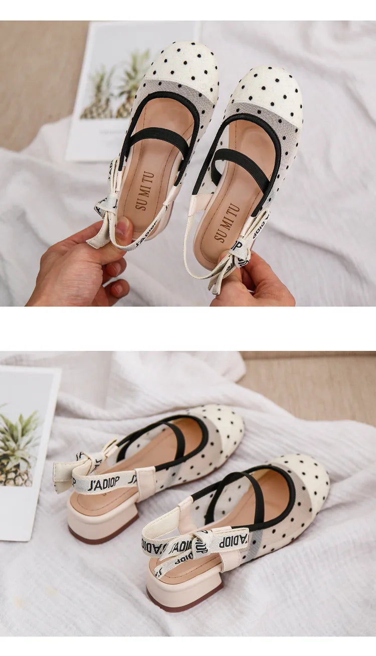 Mesh Black White Polka Dot Shoes Sandals for Girls with Heels Mules Sling Back Shoes for Girls Luxury Shoes for Girls To Dress