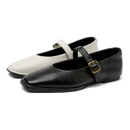 Mary Jane Shoes Female Genuine Leather 2026 New Snap Ballet Shoes Women Square Toe Flat Cowhide Ladies Shoes