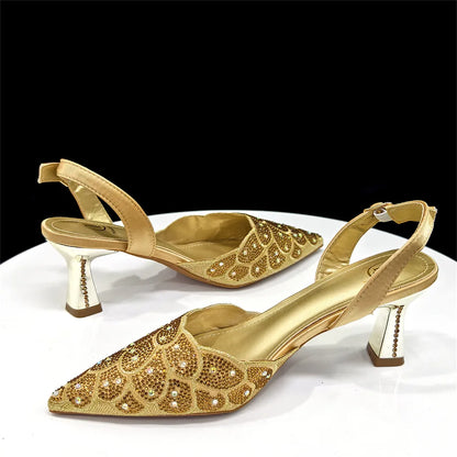 Women's Blue Color Heels with Rhinestone Accents & Matching Bag Set - Elegant Italian Fashion Pointed Toe Design